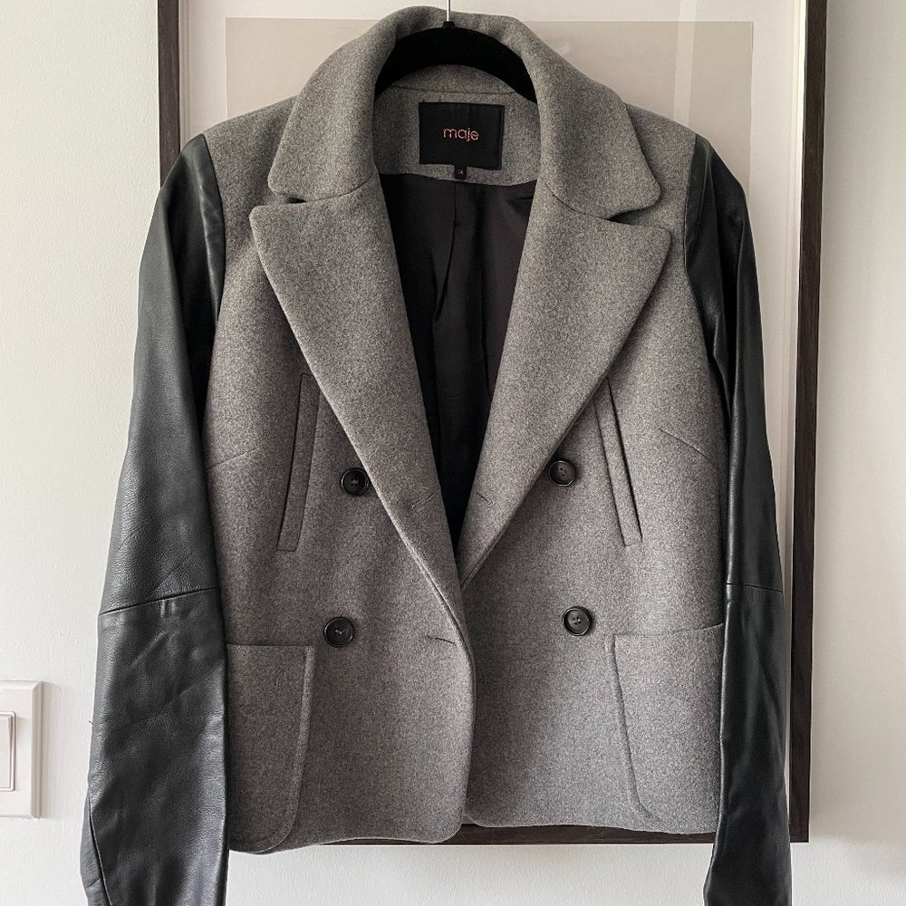 MAJE  WOOL JACKET with LEATHER sleeves.